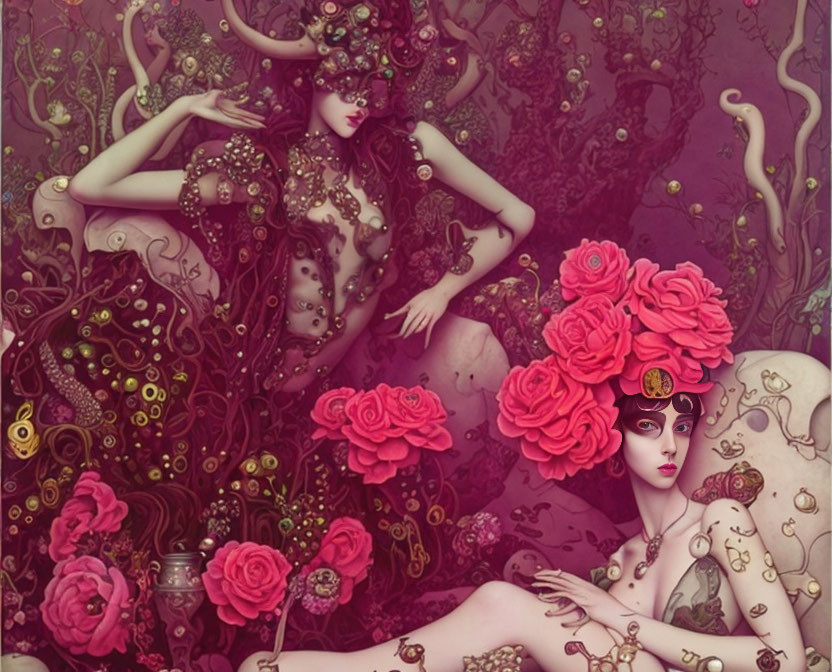 Stylized female figures in fantastical setting with roses and floral patterns