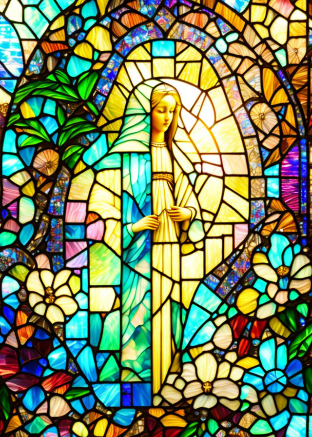 Serene figure with halo in vibrant stained glass window