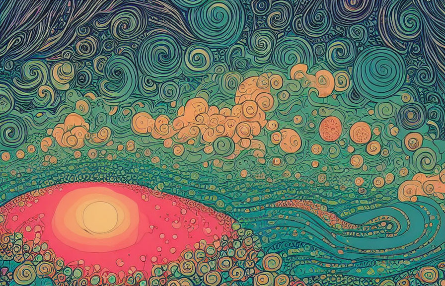 Colorful psychedelic landscape with swirling sky patterns and bright sun circle