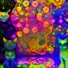 Colorful Psychedelic Cat Art with Floral Patterns and Luminous Background