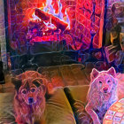 Colorful painting featuring three dogs in lush surroundings