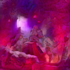 Cowboys on horses in purple-lit cave with stalactites and mystical energy