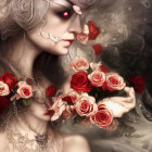 Ethereal woman with golden tiara in pink and red rose setting