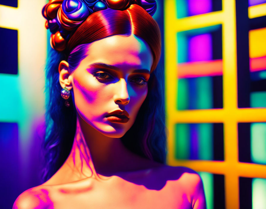 Colorful makeup and lighting on a woman with geometric background.