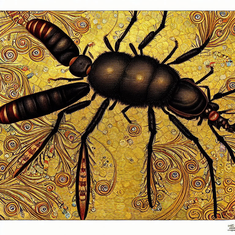 Detailed Ant Artwork with Warm Tones & Patterned Background