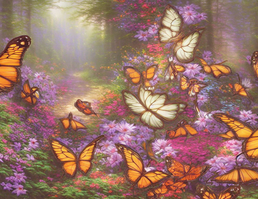 Enchanting forest scene with sunlight, butterflies, pink and purple flowers