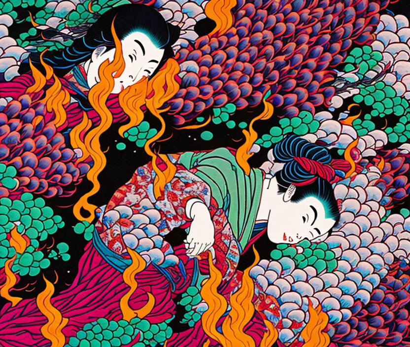 Colorful illustration of two geishas with stylized hair against black background with peony motifs