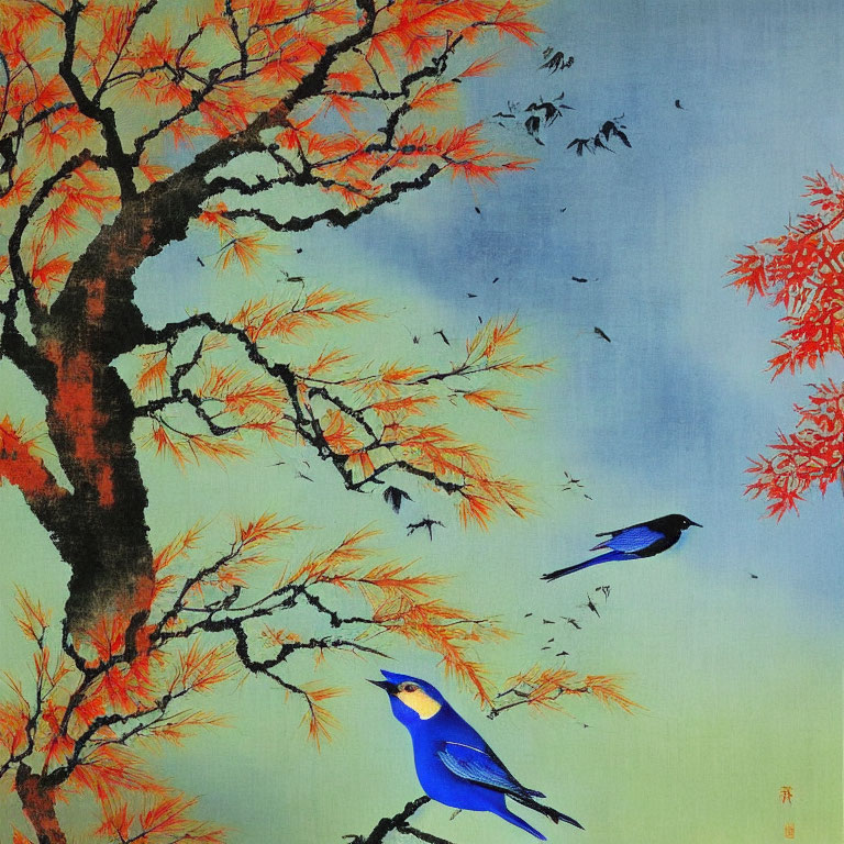 Vibrant blue birds on tree branches with orange leaves in serene setting