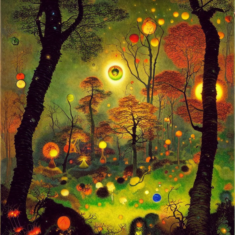 Fantastical forest scene with glowing orbs and eye-like apparition