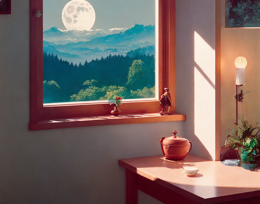 Full Moon Over Forested Hills: Window View with Bird and Clay Pot