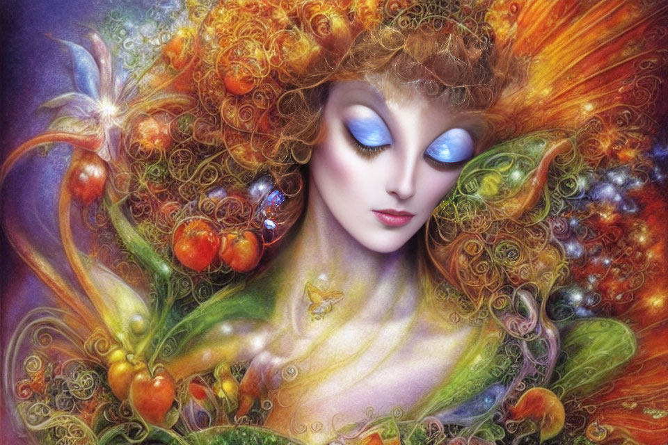 Colorful fantasy artwork of woman with orange hair in celestial setting