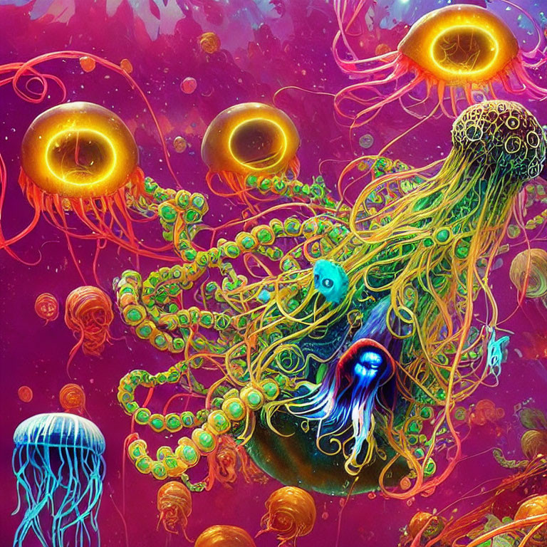 Colorful jellyfish in vibrant digital art underwater scene