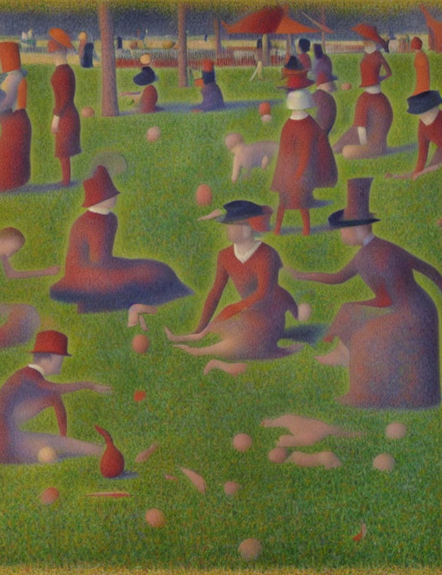 Stylized painting of faceless people in hats interacting in a park