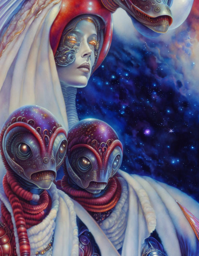 Futuristic humanoid figures in intricate suits against star-filled space