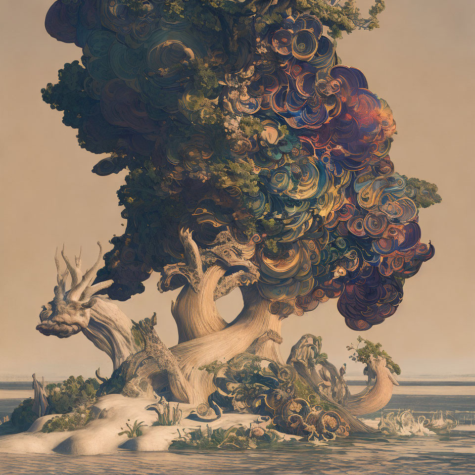 Surreal tree illustration with vibrant swirling canopy and creature-like branches