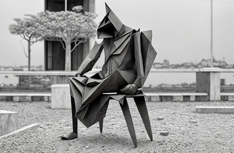 Monochrome geometric sculpture of human figure on bench