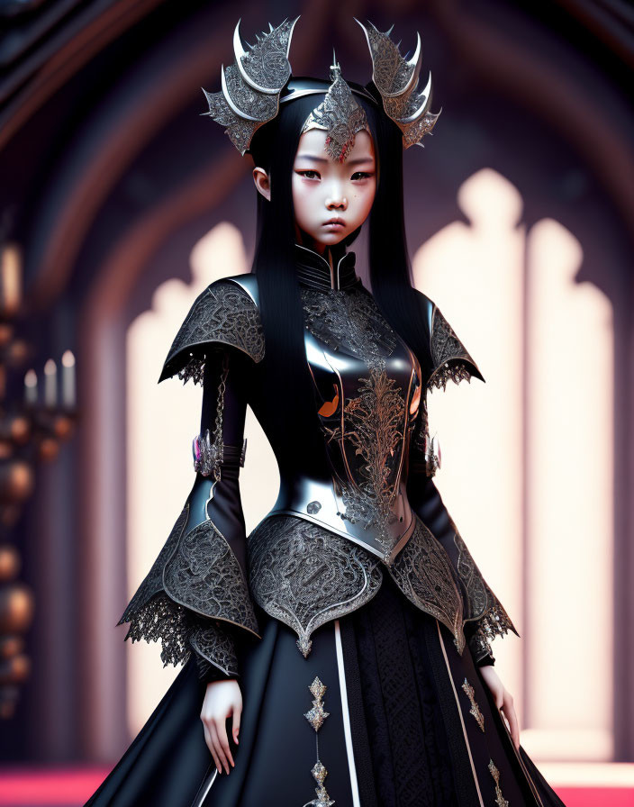 Regal figure in black and silver ceremonial armor with ornate detailing