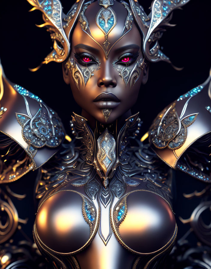 Fantasy digital artwork of a woman in intricate armor with glowing red eyes