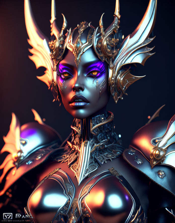 Fantasy character digital artwork with silver and gold armor, horns, purple skin, and neon accents