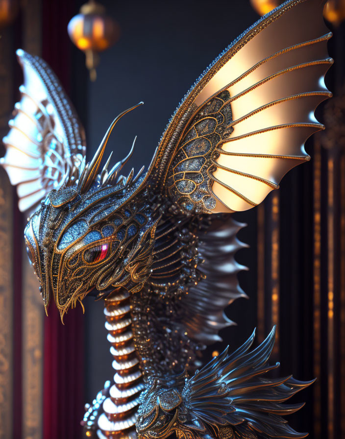 Intricate Metallic Dragon Sculpture with Red Eye and Delicate Wings on Opulent Backdrop