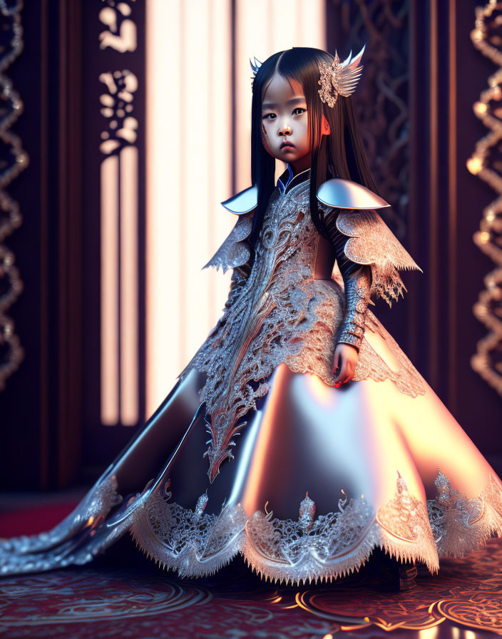 Digital artwork: Young girl in fantasy armor with winged shoulder pads, intricate designs, traditional interior background