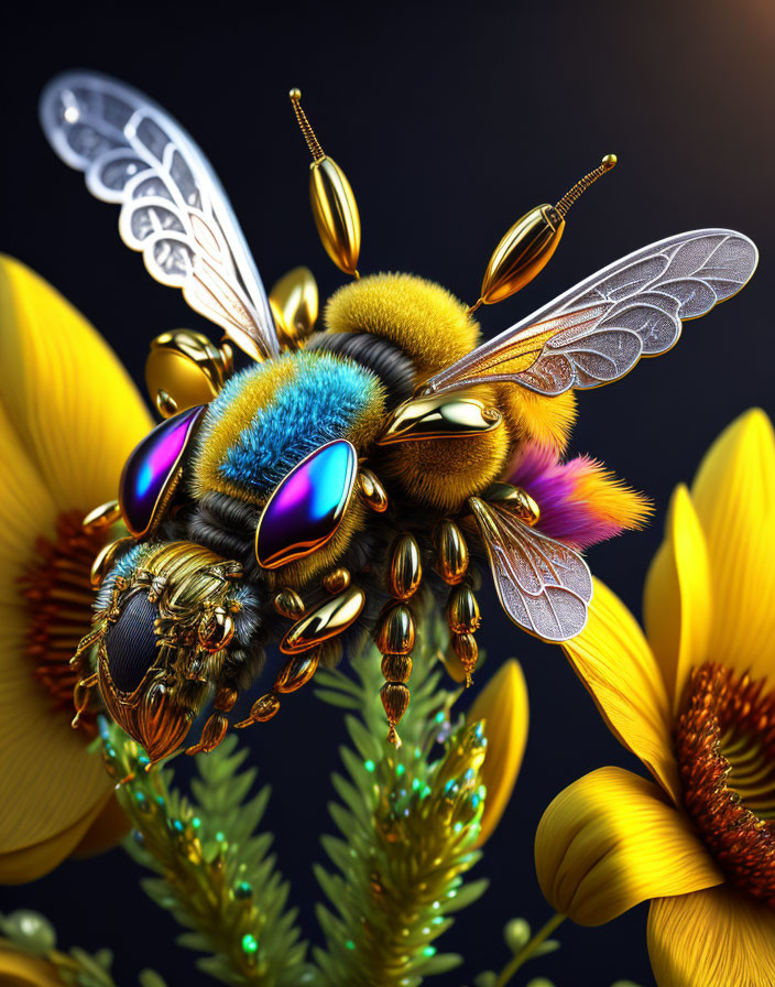 Detailed Artistic Rendition of Metallic Bee on Sunflowers