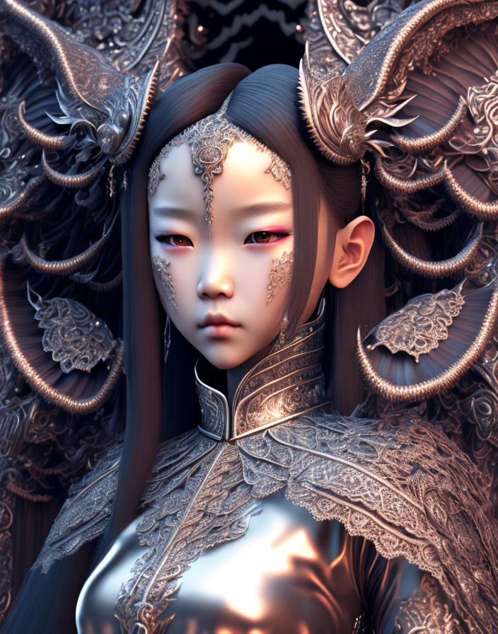 Detailed digital portrait of fantasy character in ornate silver armor and elaborate headgear with mystical aura.