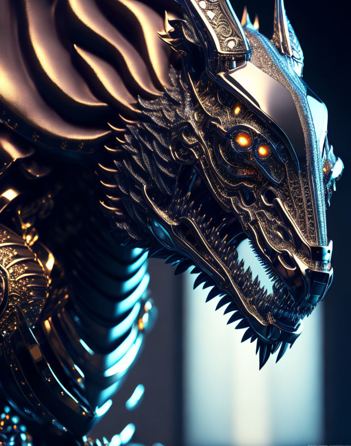 Detailed Metallic Dragon Head with Glowing Orange Eyes