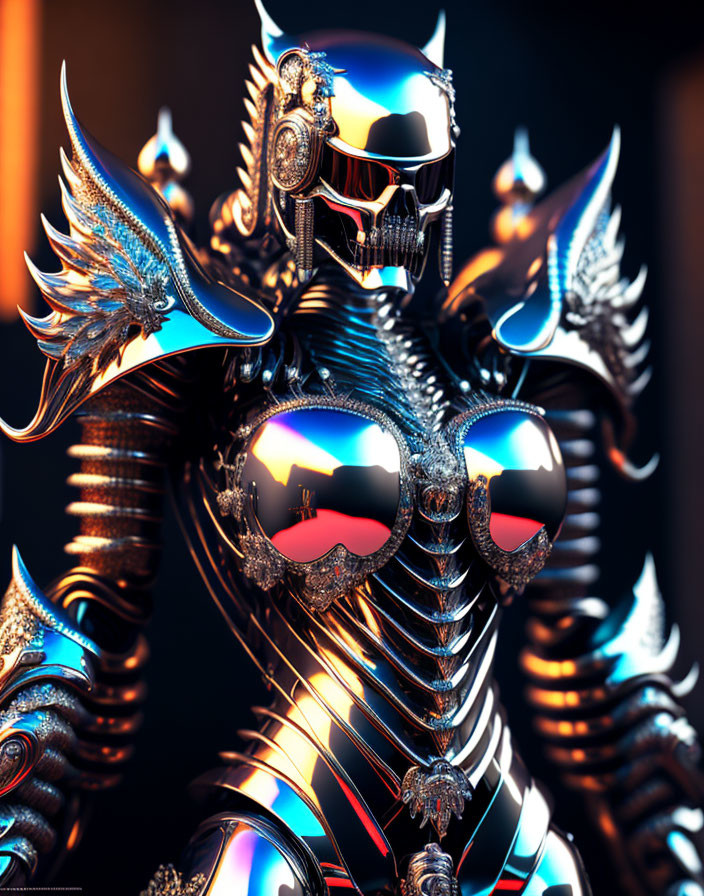 Futuristic knight in metallic armor with winged designs on dark background