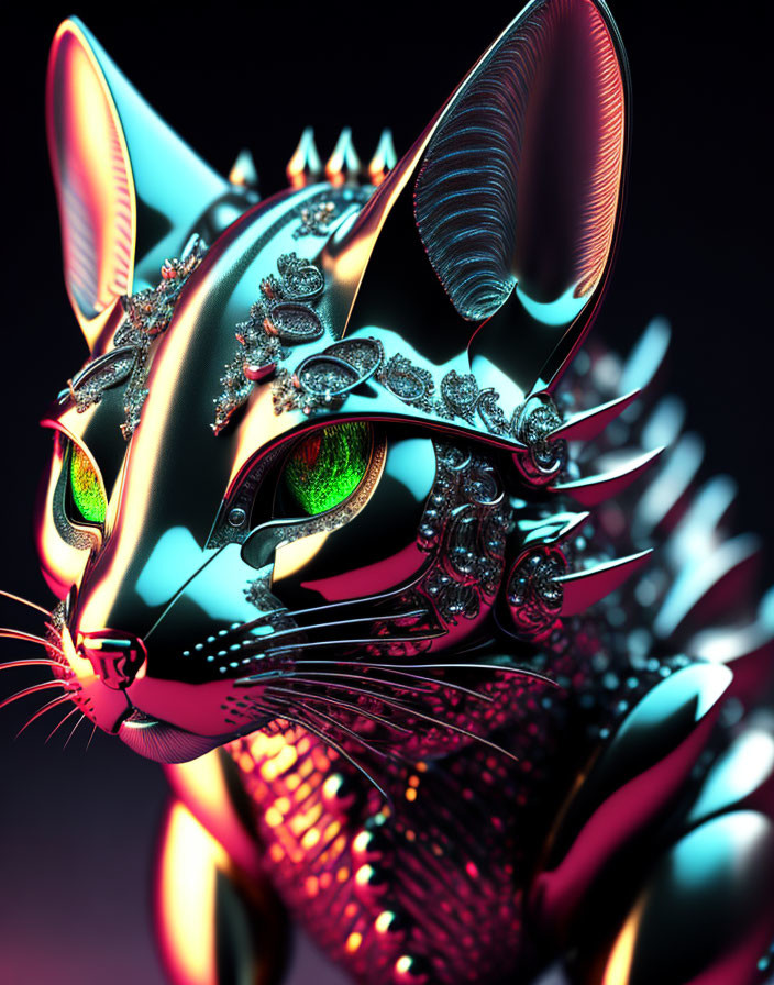 Digitally-rendered metallic cat with ornate silver jewelry and green eyes on a surreal pink and blue