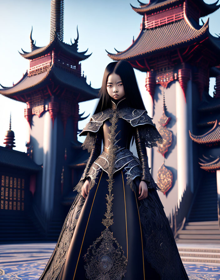 Young girl in black and gold dress by Asian-style pagodas