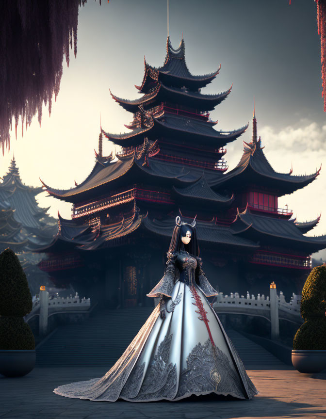 Elegant animated character in white and gray dress with cat-like ears at ornate temple under dusky