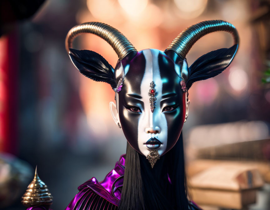 Elaborately costumed person with horns in mythical makeup on bokeh background