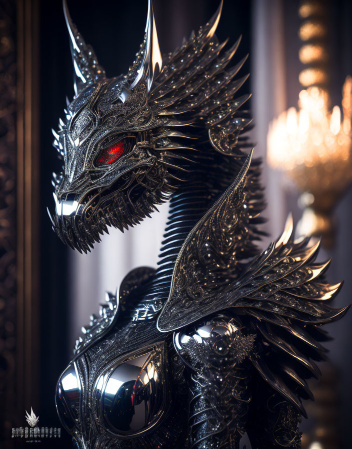 Detailed Metallic Dragon Sculpture with Glowing Red Eye