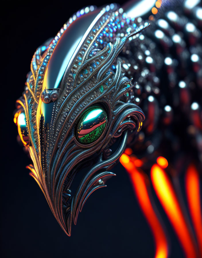 Detailed Metallic Creature with Large Eye and Glowing Orange Accents