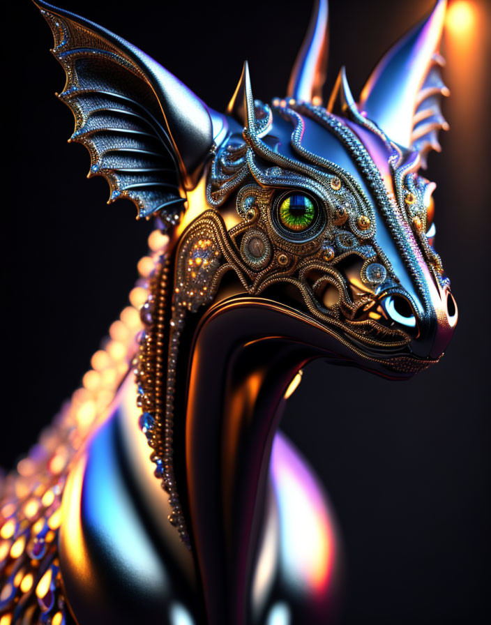 Detailed Metallic Dragon Head with Horns and Intricate Patterns on Dark Background