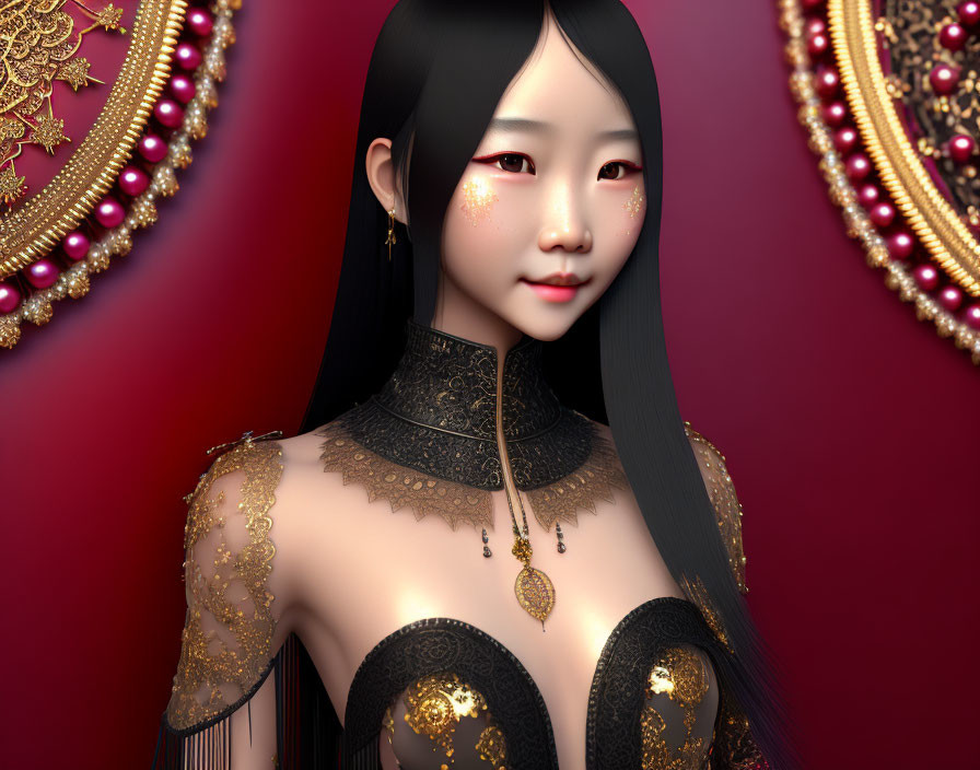 Digital artwork featuring woman in elegant black and gold attire with sparkling gold makeup