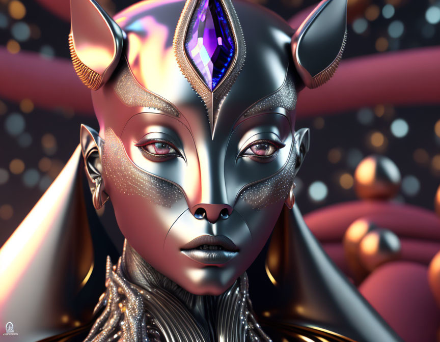 Digital artwork of humanoid figure with feline features and jewel on forehead on dark background with floating orbs