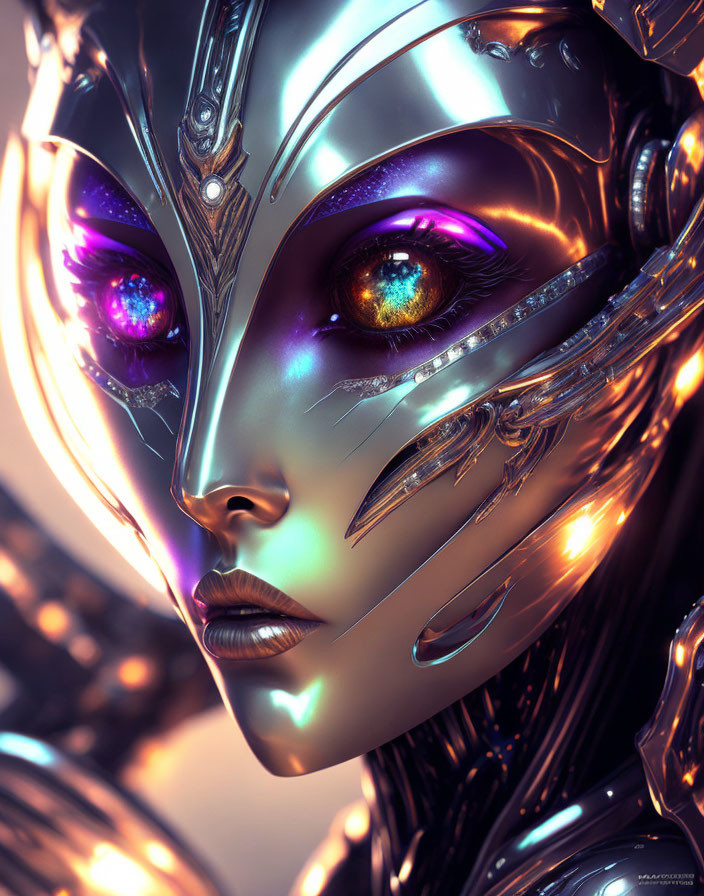 Detailed Image of Female Android in Silver Armor with Violet Eyes