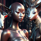 Surreal digital artwork with metallic figures and ornate animal.