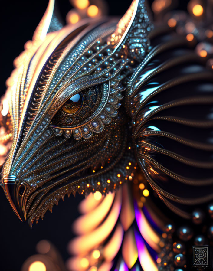 Detailed Metallic Dragon Head with Luminous Blue Eye on Dark Background