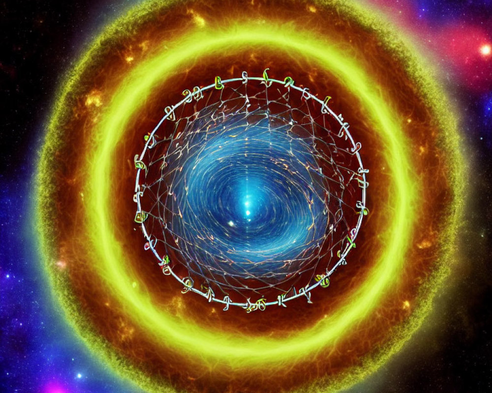 Colorful cosmic illustration with concentric circles and fiery outer ring transitioning to cooler hues around a center vortex