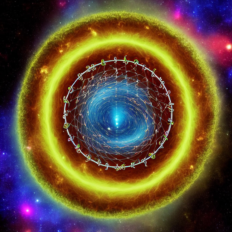 Colorful cosmic illustration with concentric circles and fiery outer ring transitioning to cooler hues around a center vortex