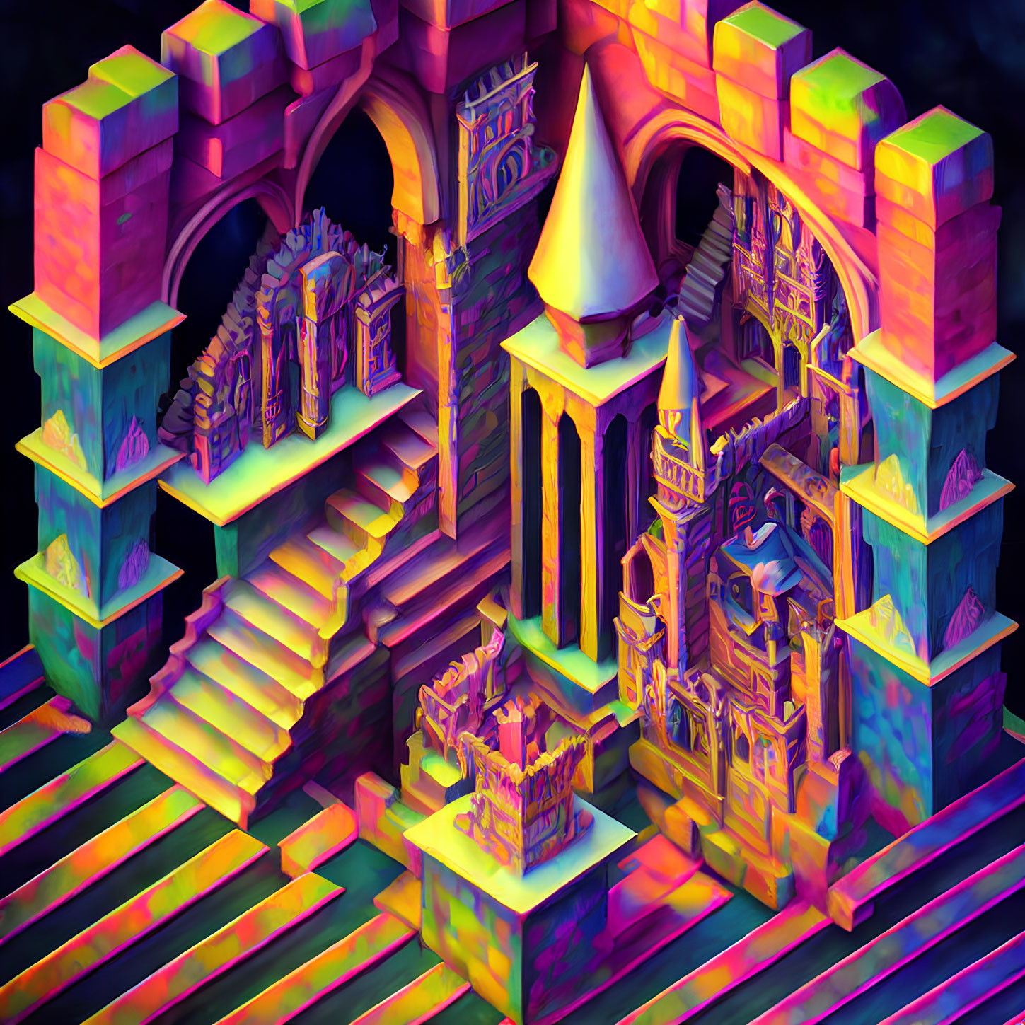 Whimsical neon-lit digital artwork of a fantastical castle