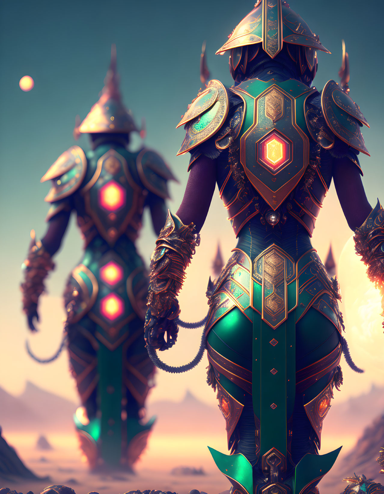 Armored figures with glowing gemstones in dusky sky