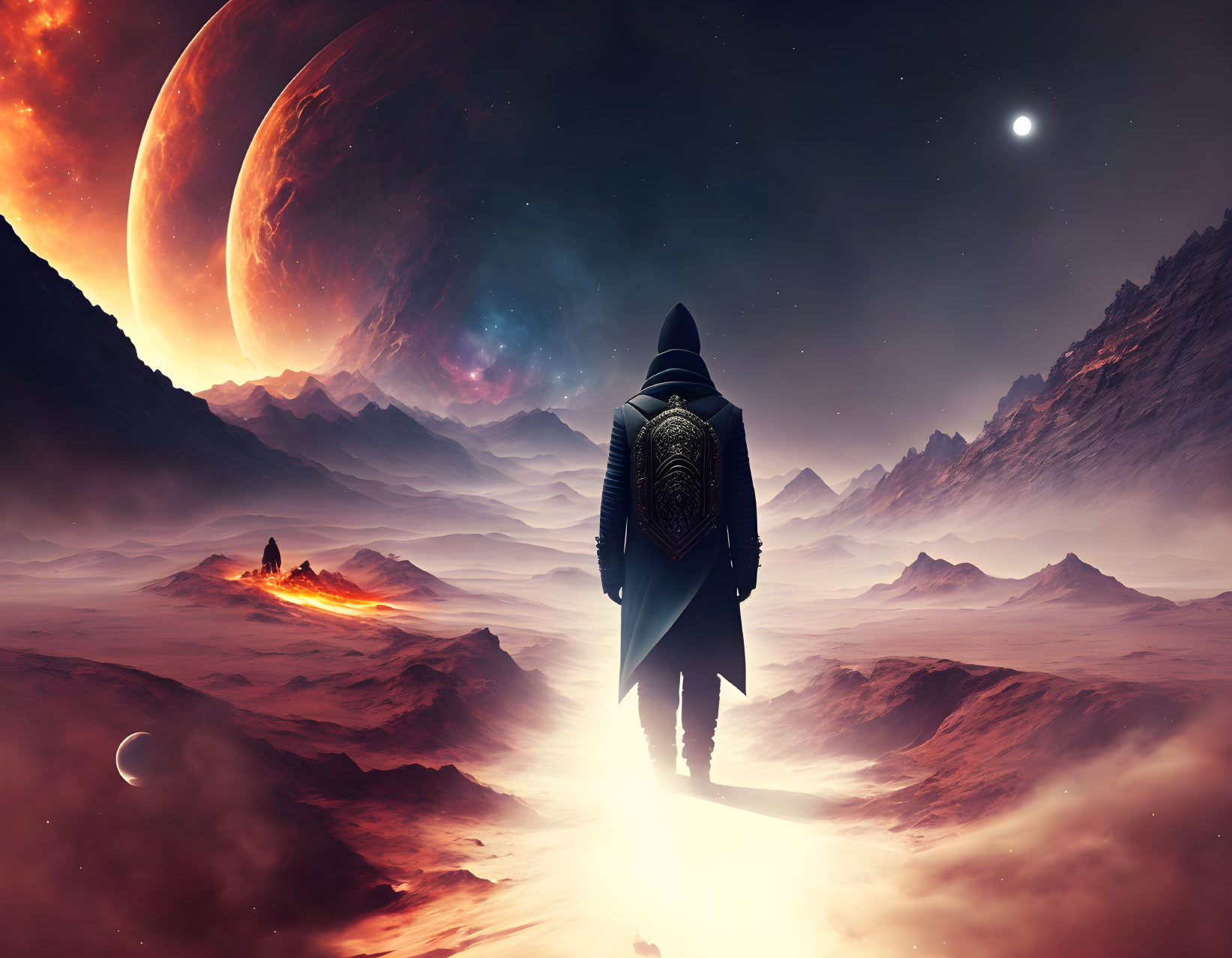 Cloaked Figure on Alien Desert Planet with Moon and Settlement