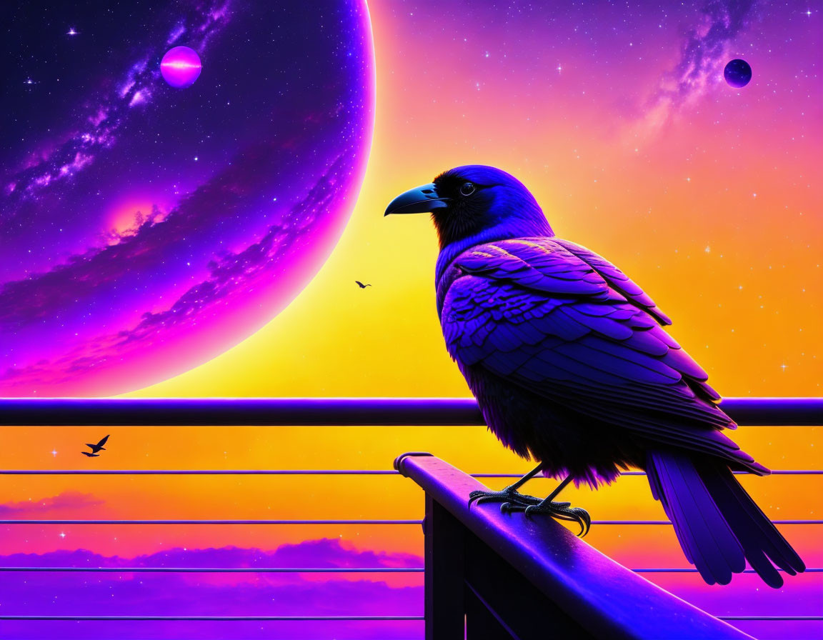 Raven perched on railing in cosmic scene with purple planet and sunset sky