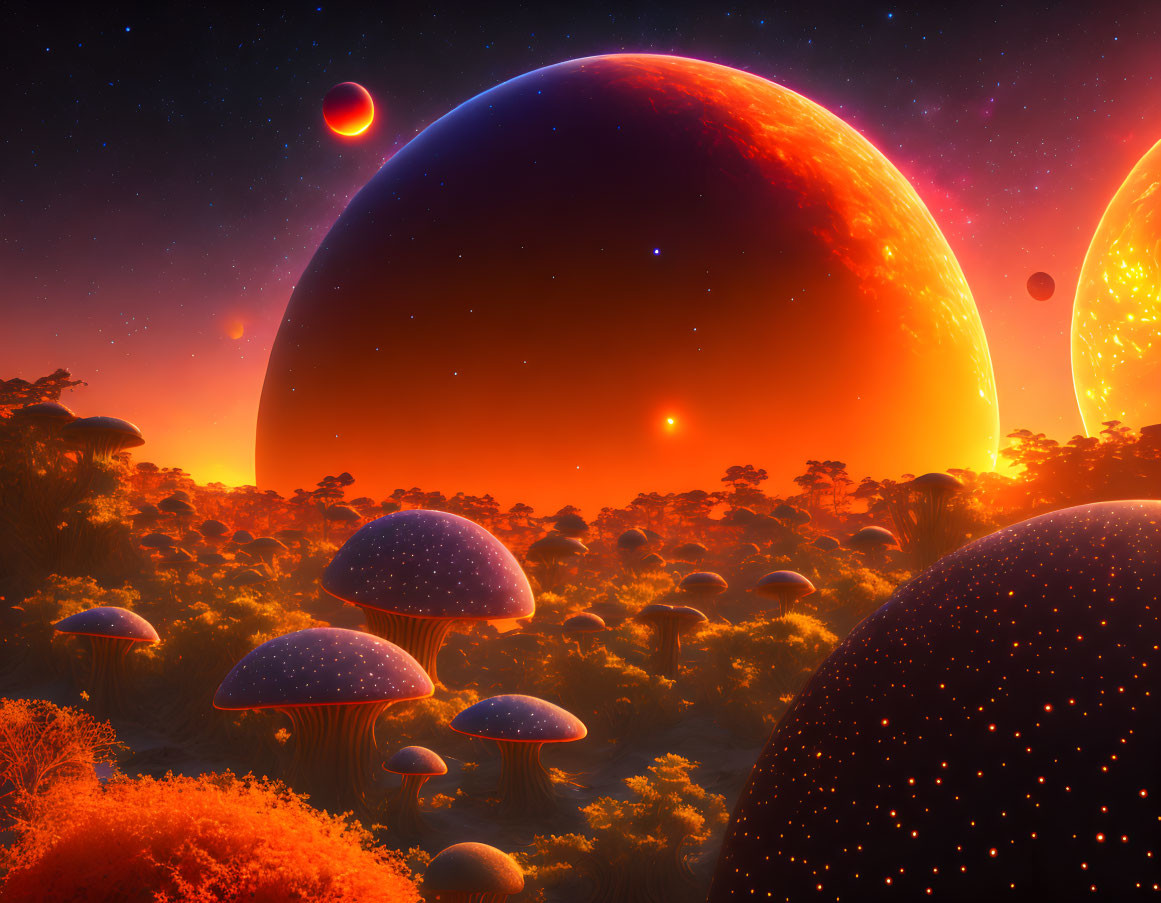 Fantasy landscape with glowing mushrooms and alien planets at twilight