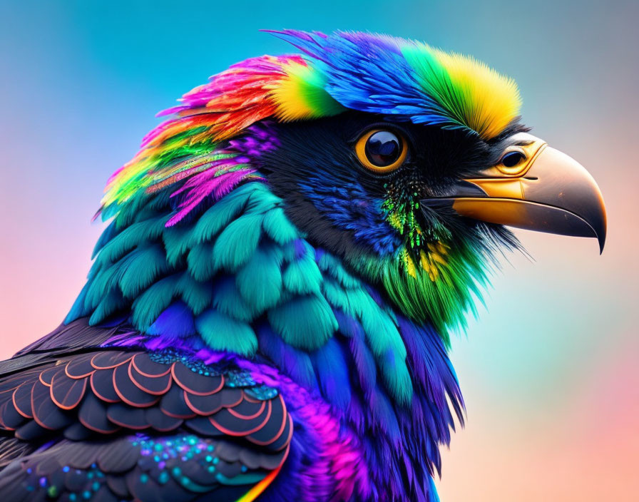 Colorful digital artwork: Eagle with rainbow plumage on gradient background