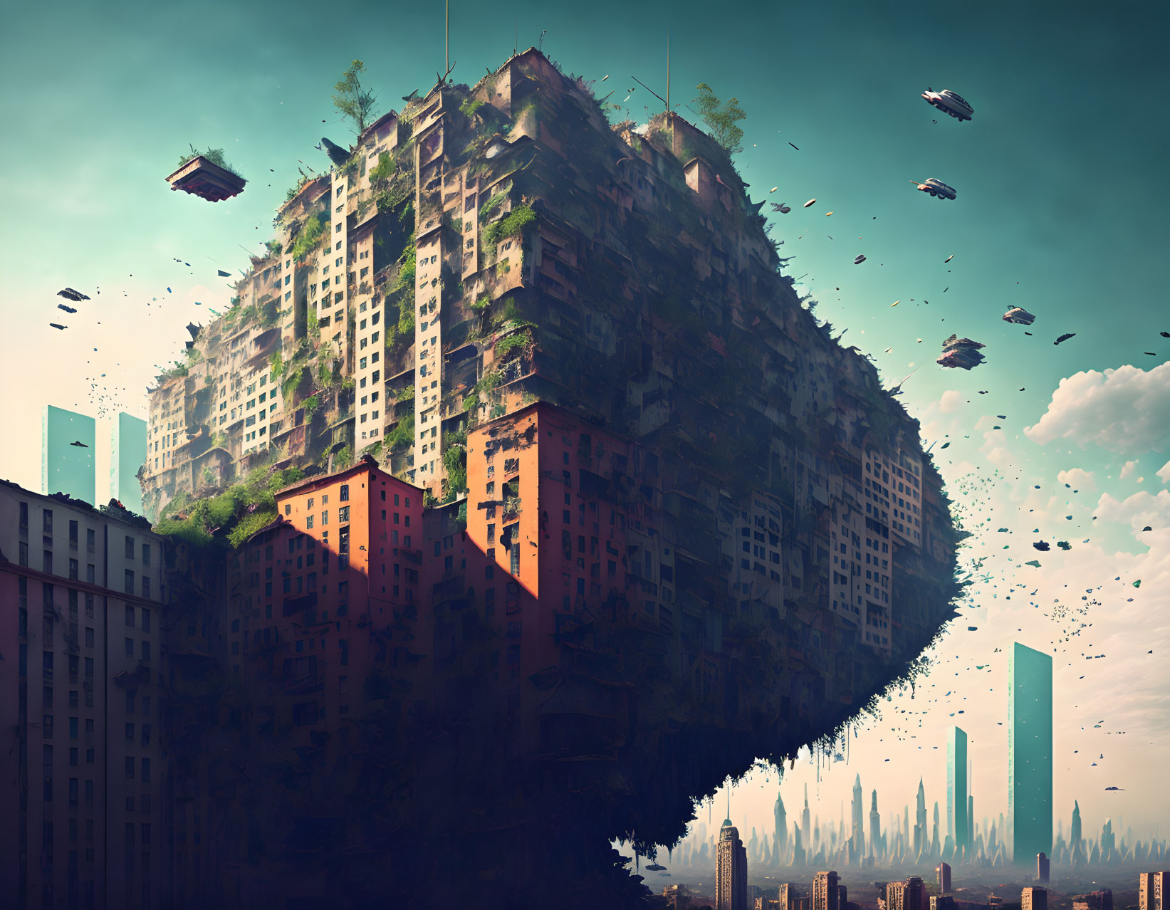 Futuristic floating city block with overgrown buildings and flying vehicles.